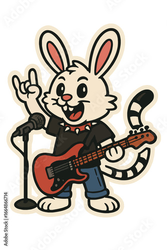 Cool cartoon rockstar bunny character with electric guitar and microphone making a rock and roll gesture, ready to perform a lively concert