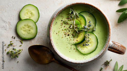 Fresh cucumber soup garnished with herbs, showcasing a healthy and vibrant dish perfect for summer meals.