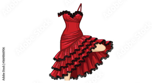 Elegant red flamenco dress with layered ruffles and black lace accents for traditional dance performances and cultural celebrations