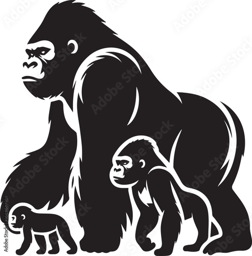 Gorilla Family Silhouette Vector – Black and White Wildlife Illustration of Parent and Baby Apes