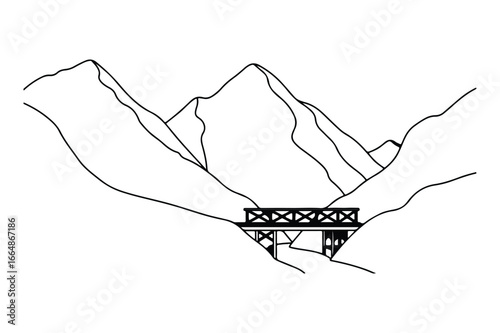 Black and white line drawing of a bridge spanning a mountain valley mountains landscape