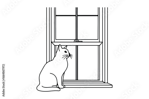 Black and white line drawing of a cat sitting on a windowsill looking out a window vector