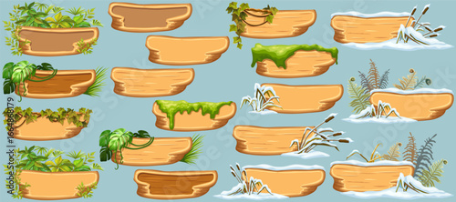 Cartoon game panels with swamp moss, forest lichen, liana branches, jungle leaves, ivy. Marsh reed under snow. Swamp cattails, fern winter. Broken weed and snowdrifts. Vector signboards, frames.