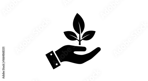 Vector art of black silhouette of a hand gently holding a young plant sprout with leaves, , symbolizing growth and new life