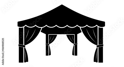 Vector art of black silhouette of a fourlegged tent or canopy with draped curtains, suitable for outdoor events, markets, or parties, isolated on a