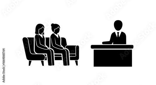 Vector art of two businesswomen waiting for a job interview with a businessman at his desk