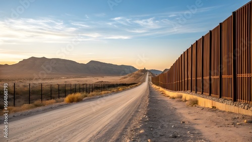 U.S. Mexico Border Wall with Desert Landscape and Mountain View at Sunset