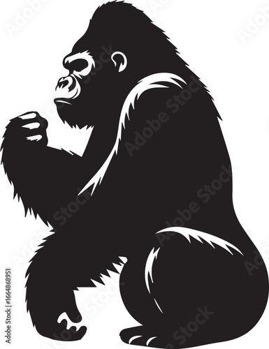 Gorilla Family Silhouette Vector – Black and White Wildlife Illustration of Parent and Baby Apes