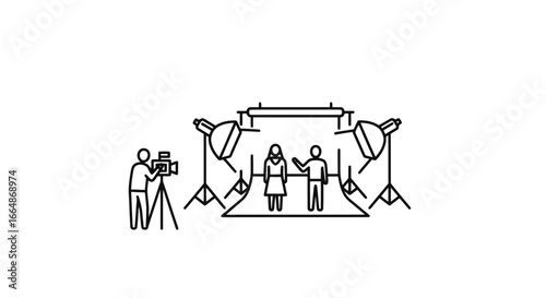 Vector art of a line art illustration of a film or photography studio setup with two people posing in front of a backdrop, a camera operator filming, and professional lighting equipment
