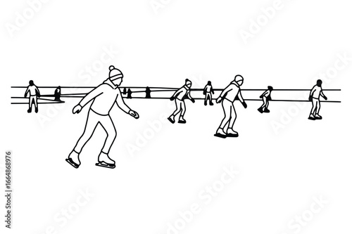 Black and white line art illustration of people ice skating on a rink winter sport
