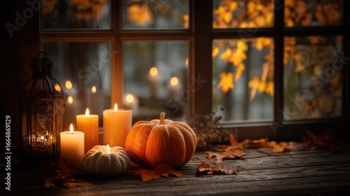 Halloween pumpkins and flickering candles arranged on a wooden table, with autumn leaves outside the window, creating a cozy, festive atmosphere for seasonal celebrations.