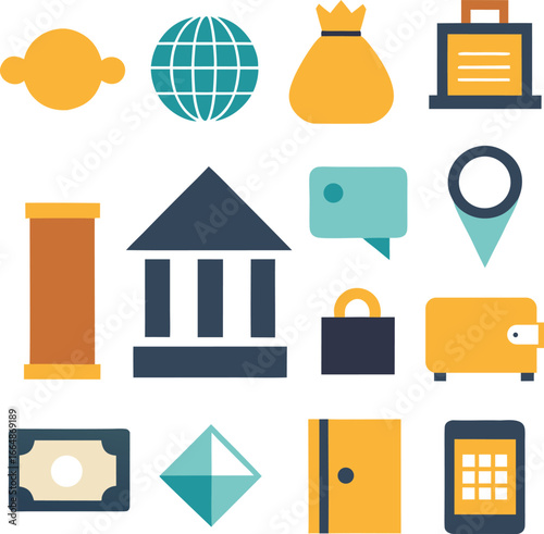 Collection of financial and business icons including a bank building money bag and credit card silhouette isolated on white background