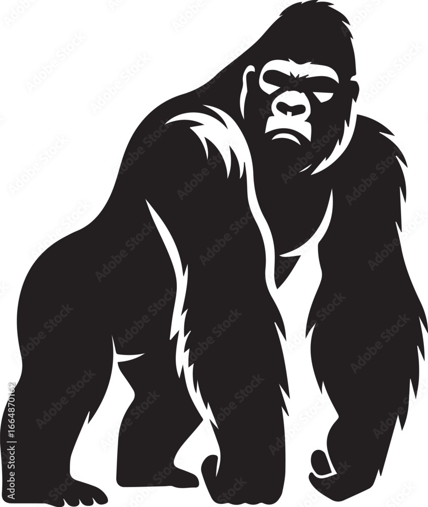 Fototapeta premium Gorilla Family Silhouette Vector – Black and White Wildlife Illustration of Parent and Baby Apes