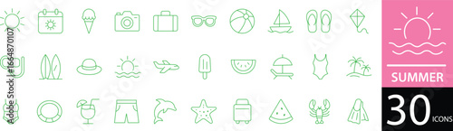 Minimal Summer Line Icon Set 30 Clean Outline Symbols for Vacation, Beach, Travel, and Seasonal Design