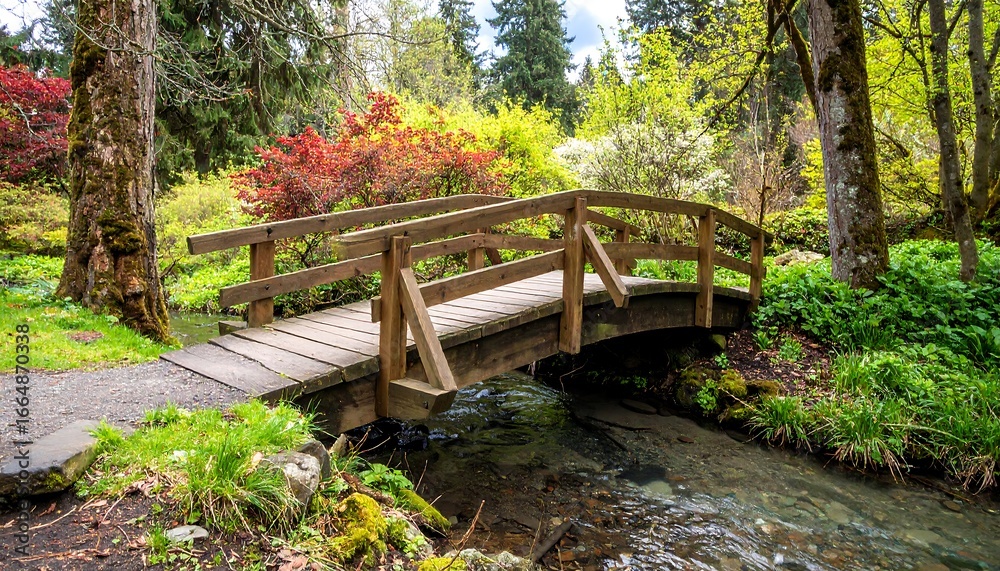 Fototapeta premium A wooden footbridge spans a gentle stream, framed by vibrant spring foliage and lush greenery, creating a serene and peaceful scene.