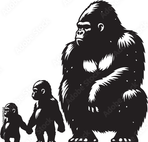 Gorilla Family Silhouette Vector – Black and White Wildlife Illustration of Parent and Baby Apes