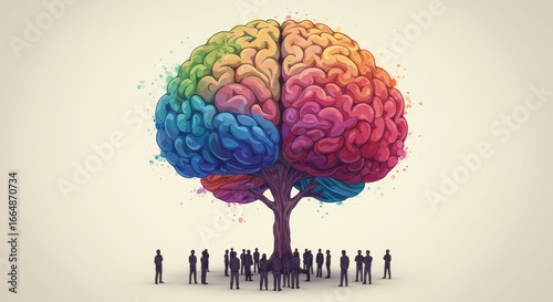 Conceptual brain tree with diverse people representing collective intelligence and collaborative thinking