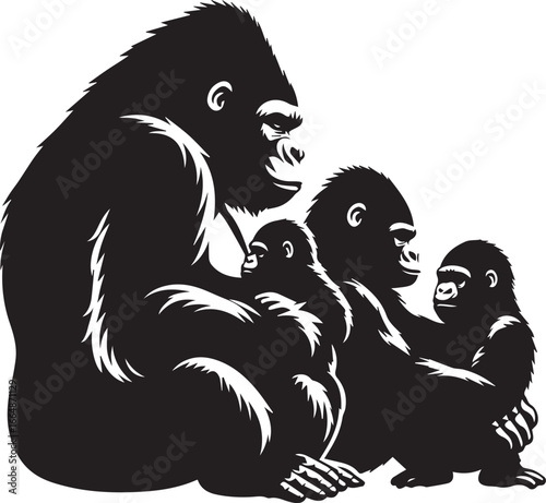 Gorilla Family Silhouette Vector – Black and White Wildlife Illustration of Parent and Baby Apes