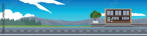 Horizontal or Landscape view of asphalt road. Long paved road cuts through a vast area of grassland and forest with reservoir surrounded by mountains. Along the roadside is a minimalist resort.