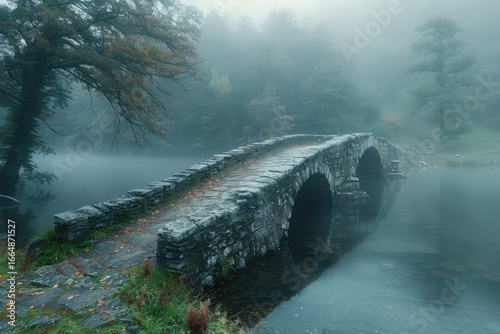 Stone bridge over water in a misty environment scene