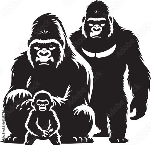 Gorilla Family Silhouette Vector – Black and White Wildlife Illustration of Parent and Baby Apes