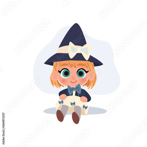 a cute little girl dressed as a witch sits happily in a fantasy costume with a big bow hat perfect for halloween illustrations