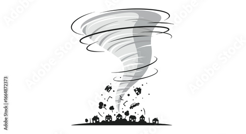 Illustration of a tornado causing destruction in a small town with falling debris and chaotic environment
