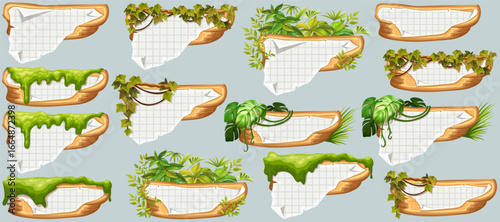 Wooden signboards with old paper, stems ivy, liana, grapes, vine, swamp moss, forest lichen. Set isolated wooden elements with blank, with ragged square graph paper, school math sheet. 