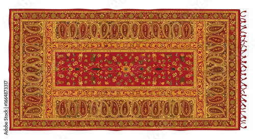 Intricate traditional Persian rug with elaborate patterns in warm red and gold tones showcasing craftsmanship and cultural artistry