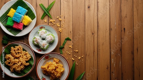 Indonesian Traditional Snacks with Copy Space on Wooden Table