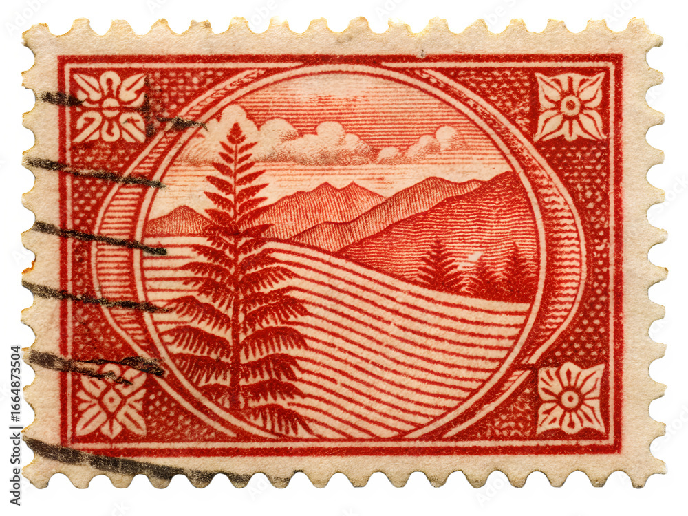 Obraz premium Vintage Red Postage Stamp Depicting Mountains Fields and a Pine Tree