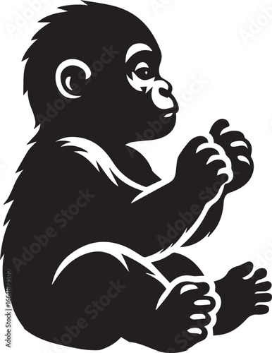 Gorilla Family Silhouette Vector – Black and White Wildlife Illustration of Parent and Baby Apes