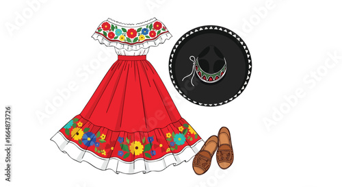Traditional Mexican folkloric dress with vibrant floral embroidery and accessories for cultural celebrations