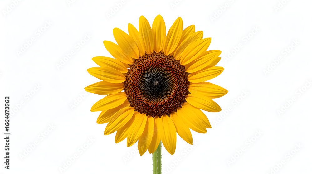 Fototapeta premium Bright sunflower with golden petals and dark seed center on a pure white photorealistic background