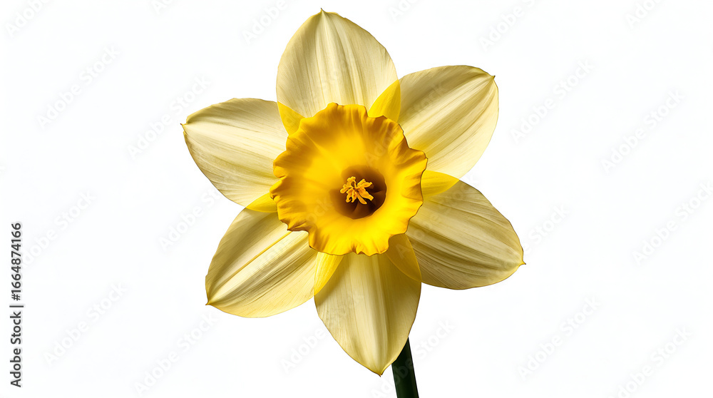 Obraz premium Golden yellow daffodil with trumpet-shaped bloom and soft matte petals on white photorealistic background