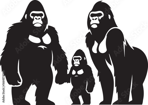 Gorilla Family Silhouette Vector – Black and White Wildlife Illustration of Parent and Baby Apes