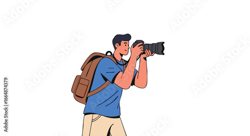 Young male photographer capturing nature through his professional camera while exploring outdoors with a backpack under a clear sky