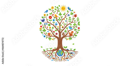 illustrated vibrant tree of life showcasing interconnected wildlife flora and natural elements symbolizing biodiversity harmony and ecological