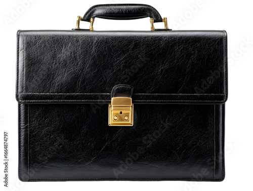 Elegant black leather briefcase with gold clasp, isolated on white background, ideal for business use