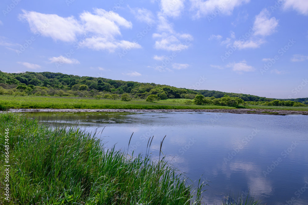 A brackish lagoon called Poroto-numa located within the Poroto Marsh in Hamanaka, Hokkaido, Japan. The lagoon is surrounded by wetlands and aquatic plants, creating a serene natural landscape under a A brackish lagoon called Poroto-numa located within the Poroto Marsh in Hamanaka, Hokkaido, Japan. The lagoon is surrounded by wetlands and aquatic plants, creating a serene natural landscape under a