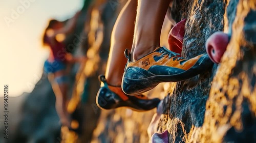 Climbers feet on sunset rock.