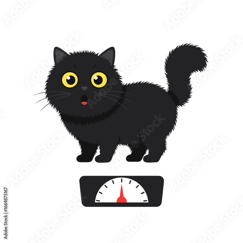 Cartoon black cat standing on a scale looking surprised