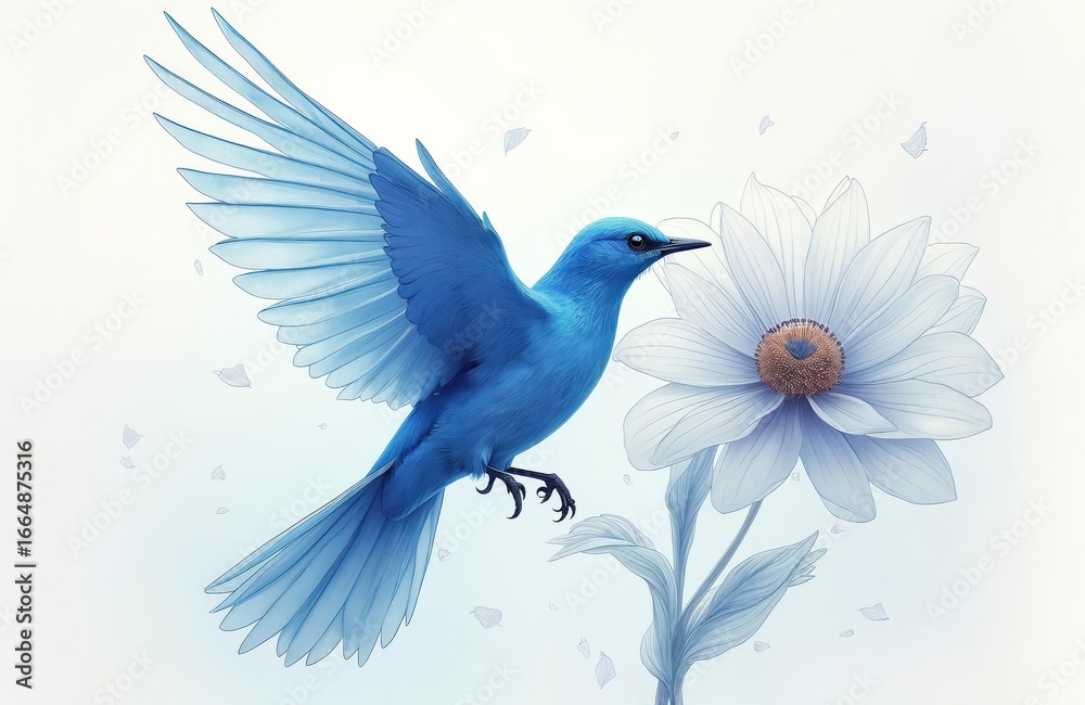 Obraz premium Blue bird in flight with wings spread wide, positioned in center of frame. Bird faces right, white flower in top right corner. Light beige background allows vibrant blue of bird, white of flower to
