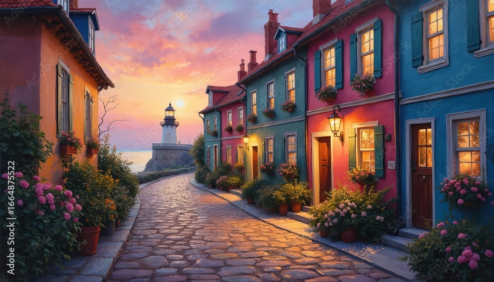 Fototapeta premium Serene street scene at sunset with houses adorned with colorful flowers, plants. Sky is painted in hues of orange, pink, casting warm glow over scene. Urban setting with vibrant, lively atmosphere.