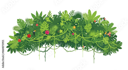 Vibrant lush tropical foliage canopy with diverse greenery and vivid flower accents illustrating a dense botanical paradise