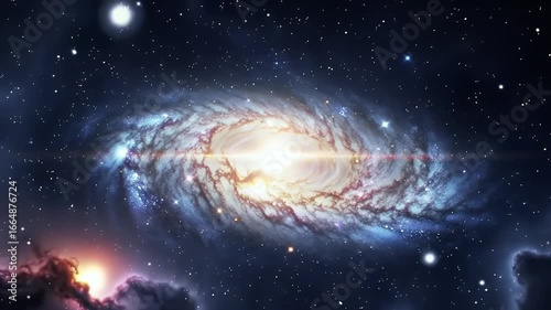 Detailed Spiral Galaxy with Bright Center Glowing Lights in a Dark Space Background Creating a Cosmic Celestial Scene