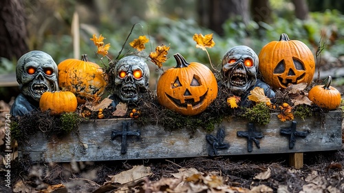 Halloween night graveyard scene with pumpkins zombies and a rustic wooden board