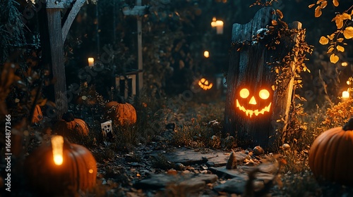 Halloween night graveyard scene with pumpkins zombies and a rustic wooden board
