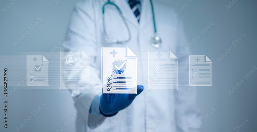 Fototapeta premium Doctor with gloves selecting digital medical record document icon, representing electronic health records, hospital data management, patient information system and healthcare technology innovation
