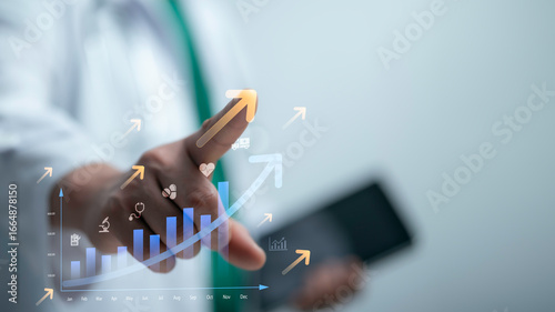 Doctor pointing at rising bar chart with medical icons and growth arrows, representing healthcare analytics, hospital performance improvement and medical business success strategy
